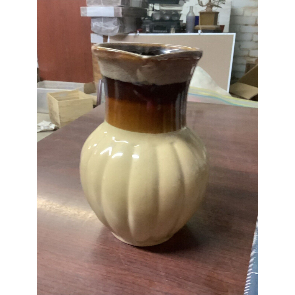 Vintage Drip Glaze Ceramic Pitcher Mid Century Retro Farmhouse Vase Brown Tan 7" - Picture 3 of 7